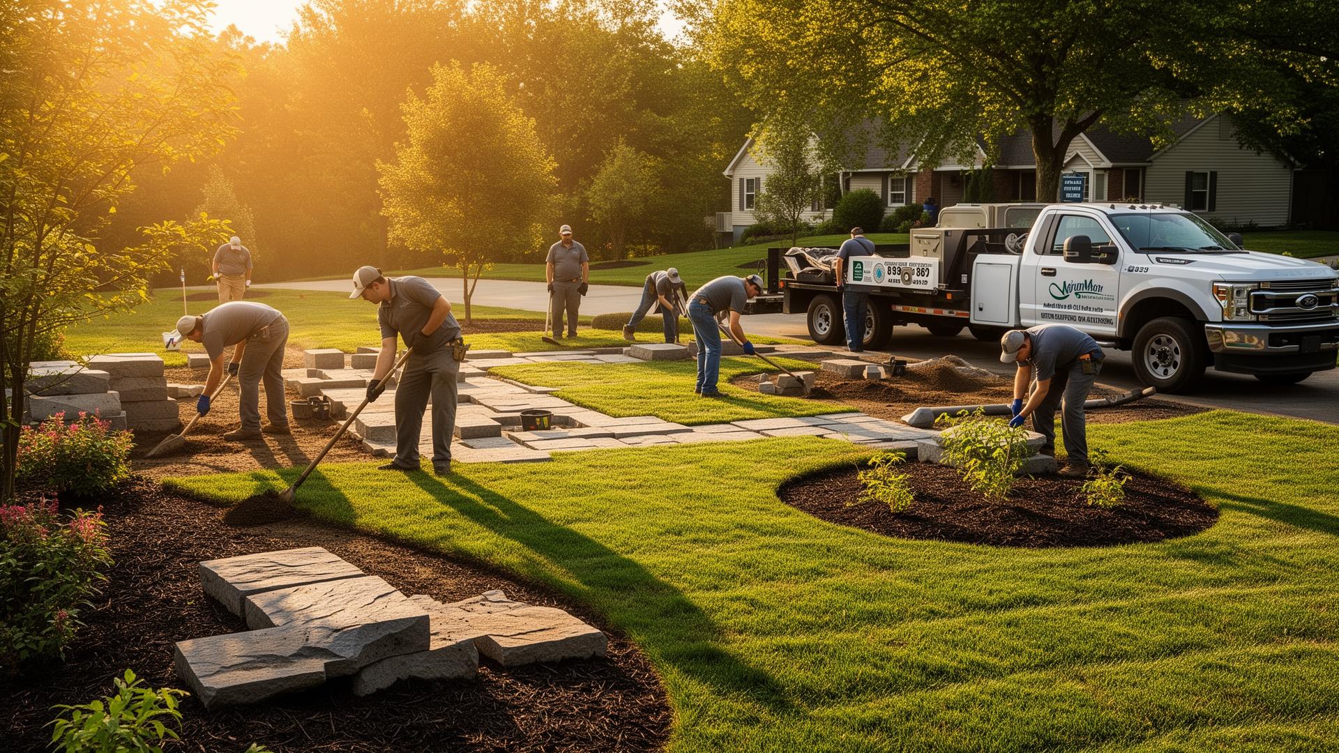 Landscaping crew installing hardscape pavers and lawn at a suburban home